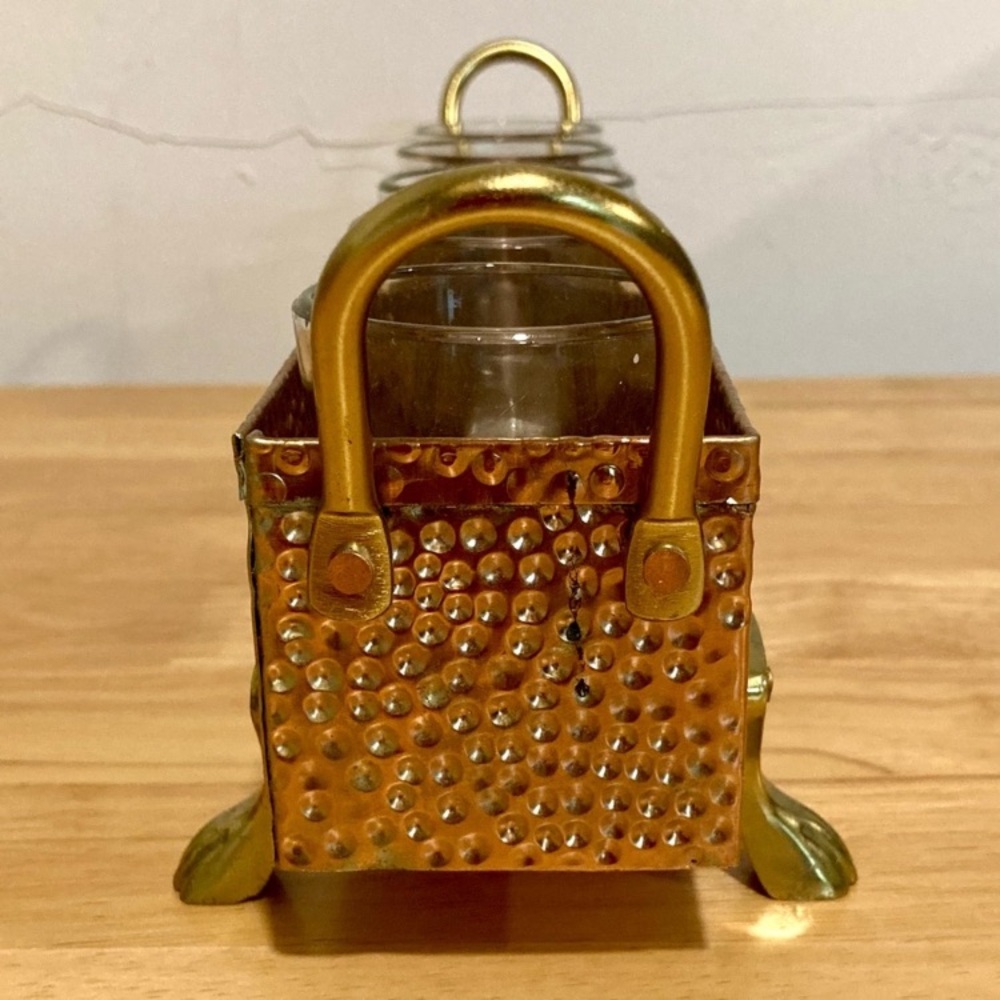 Hammered Metal Footed Container with 5 Glass Votive Holders Used Copper Colored - Picture 3 of 15